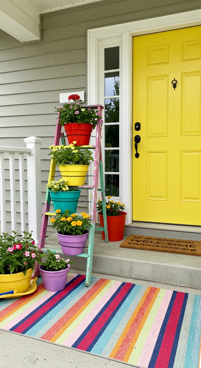 Escalera de madera pintada de varios colores con macetas de flores de colores a juego.