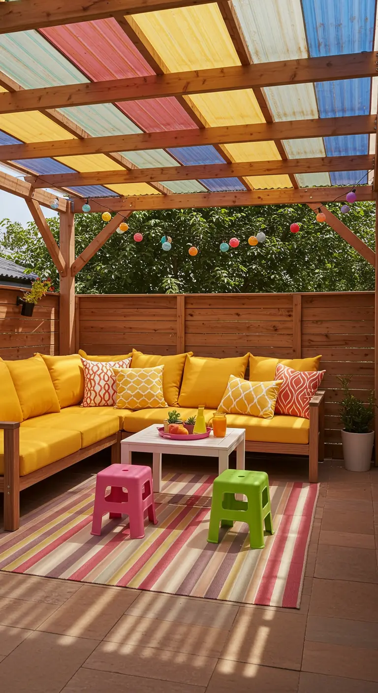 Patio colorido con pérgola con techo de colores y sofá amarillo.