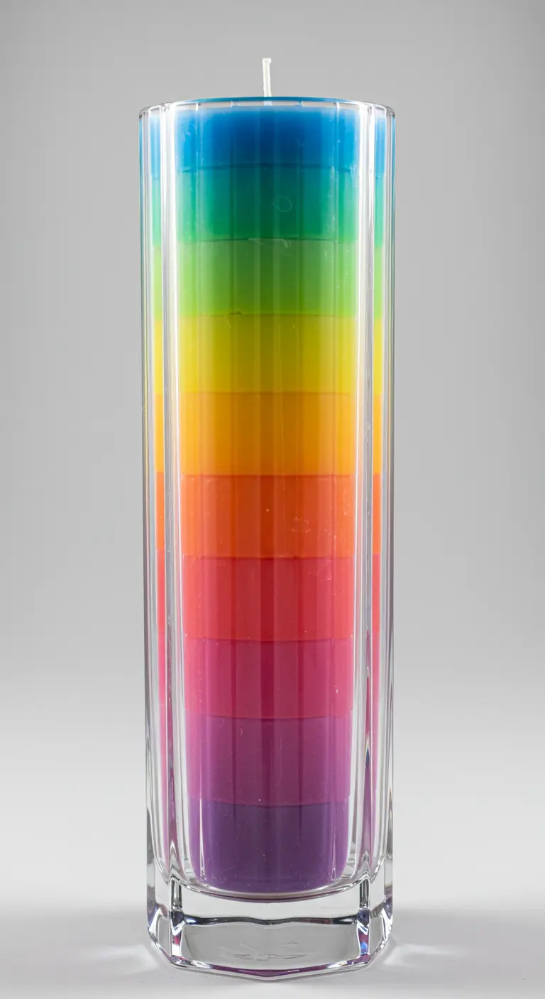Vela alta y cilíndrica con capas de todos los colores del arcoíris en un vaso de cristal