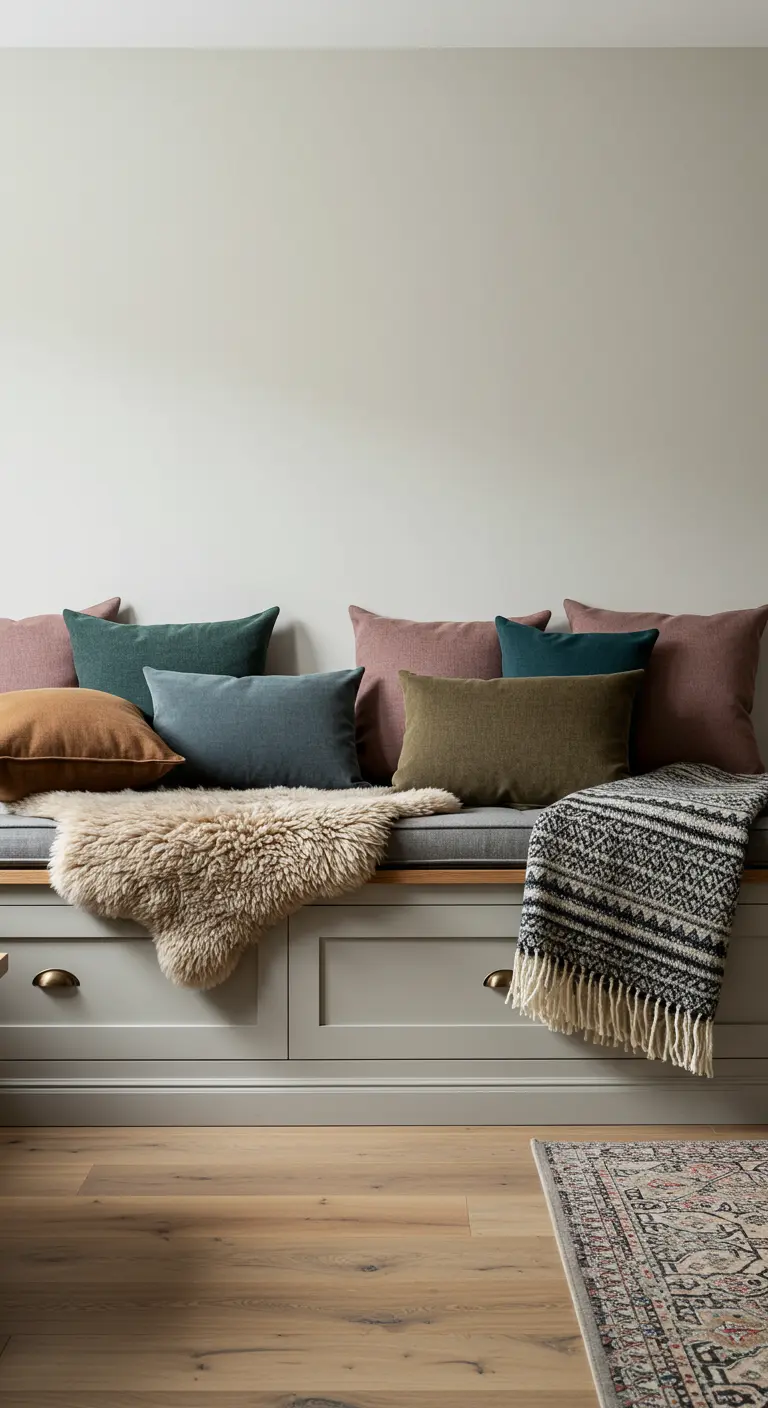 Banco junto a la ventana con cojines de colores tierra y una manta con patrón étnico.