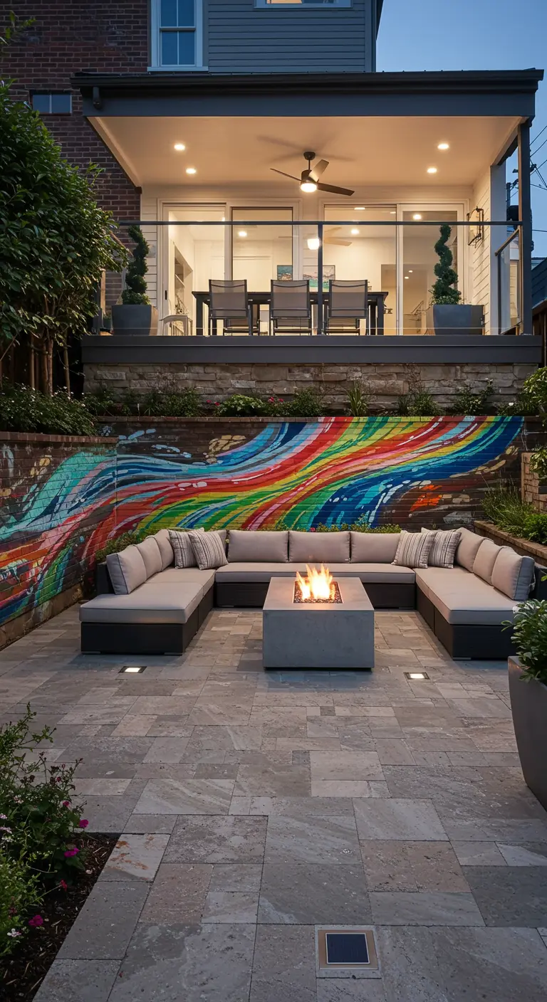 Patio con un gran sofá modular gris y un mural de grafiti abstracto con los colores del arcoíris