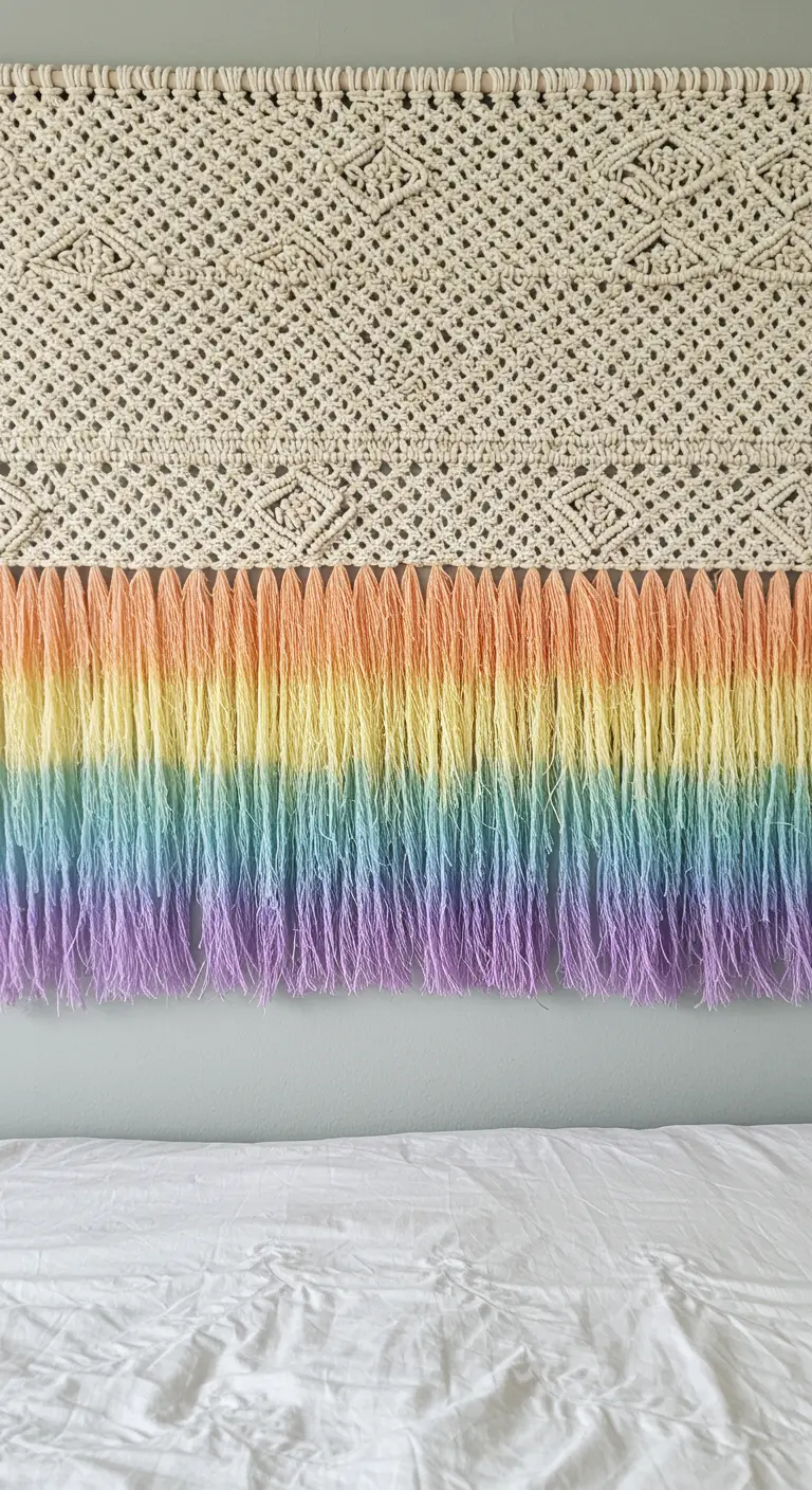 Cabecero de macramé con la parte superior en crudo y flecos largos en los colores del arcoíris pastel.