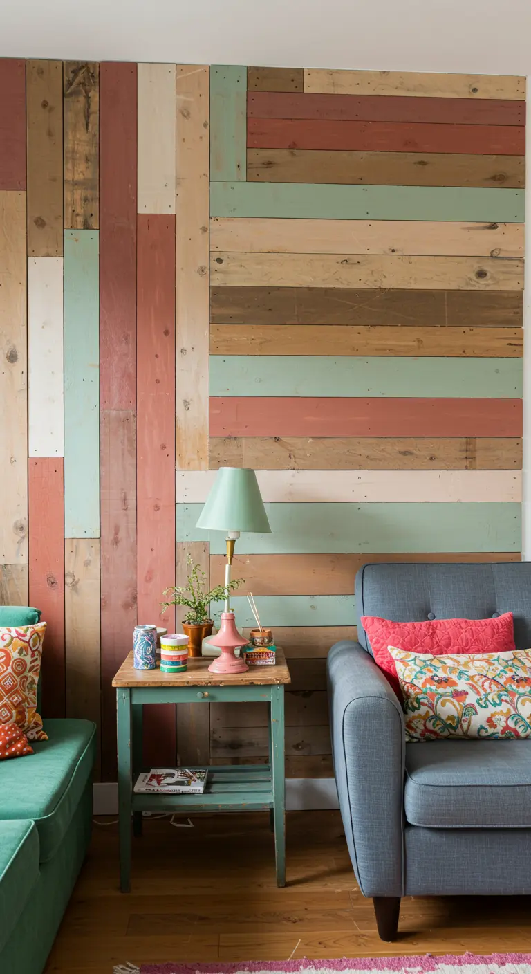 Pared de acento con tablones de madera reciclada pintados en varios colores pastel y tierra.