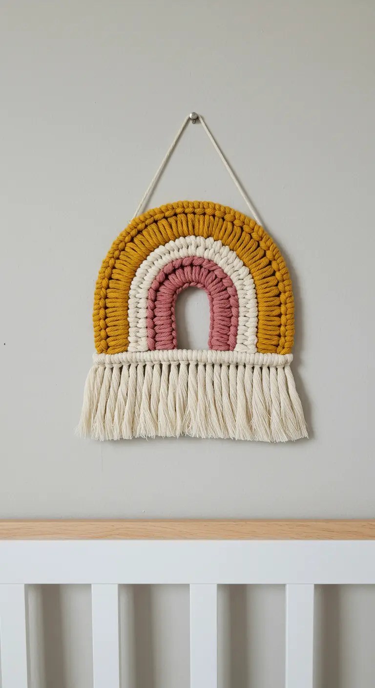 Decoración de pared de macramé en forma de arcoíris con tonos mostaza, rosa y blanco.