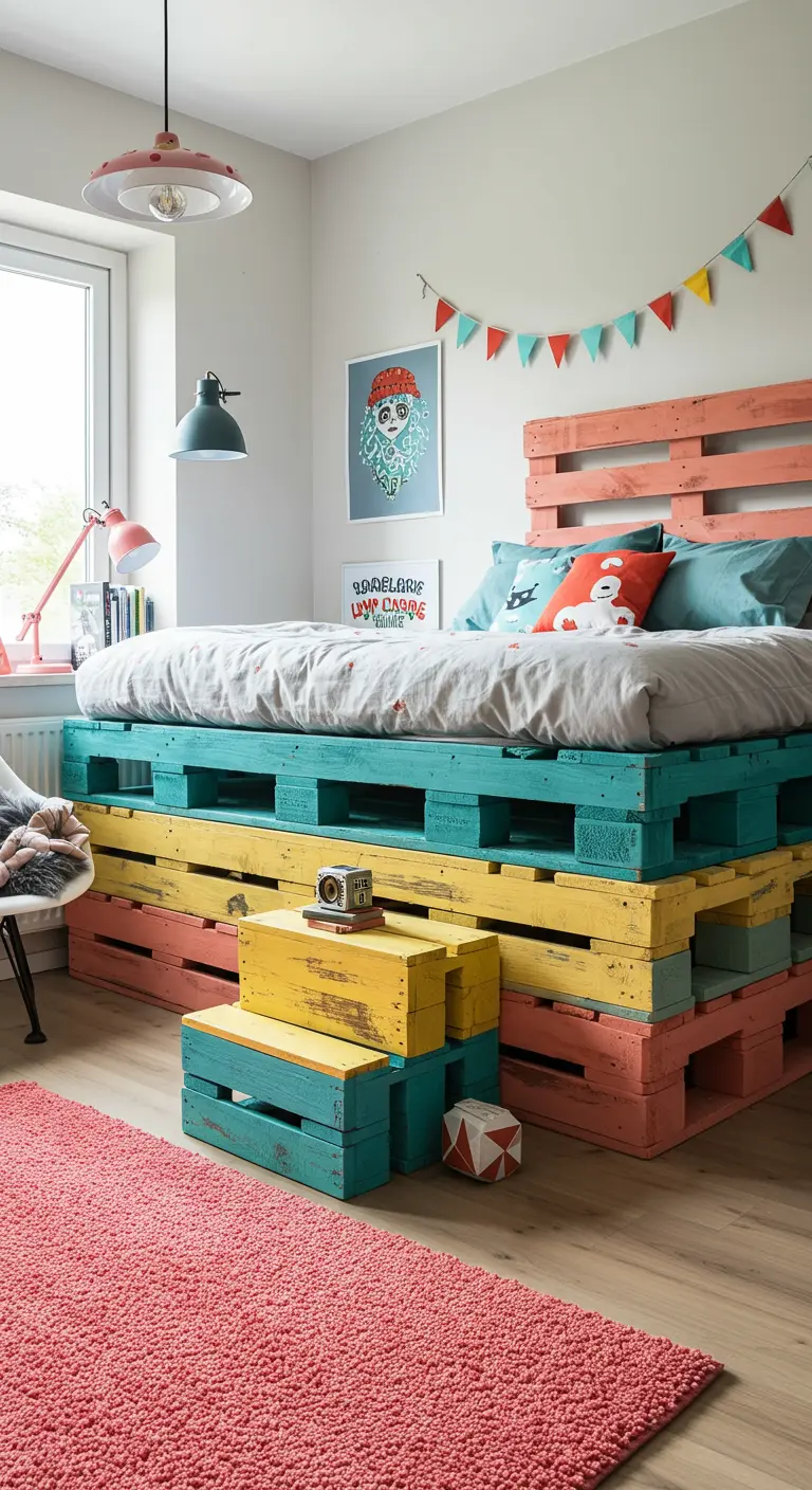 Cama alta hecha con palets pintados de colores vivos como turquesa, coral y amarillo.