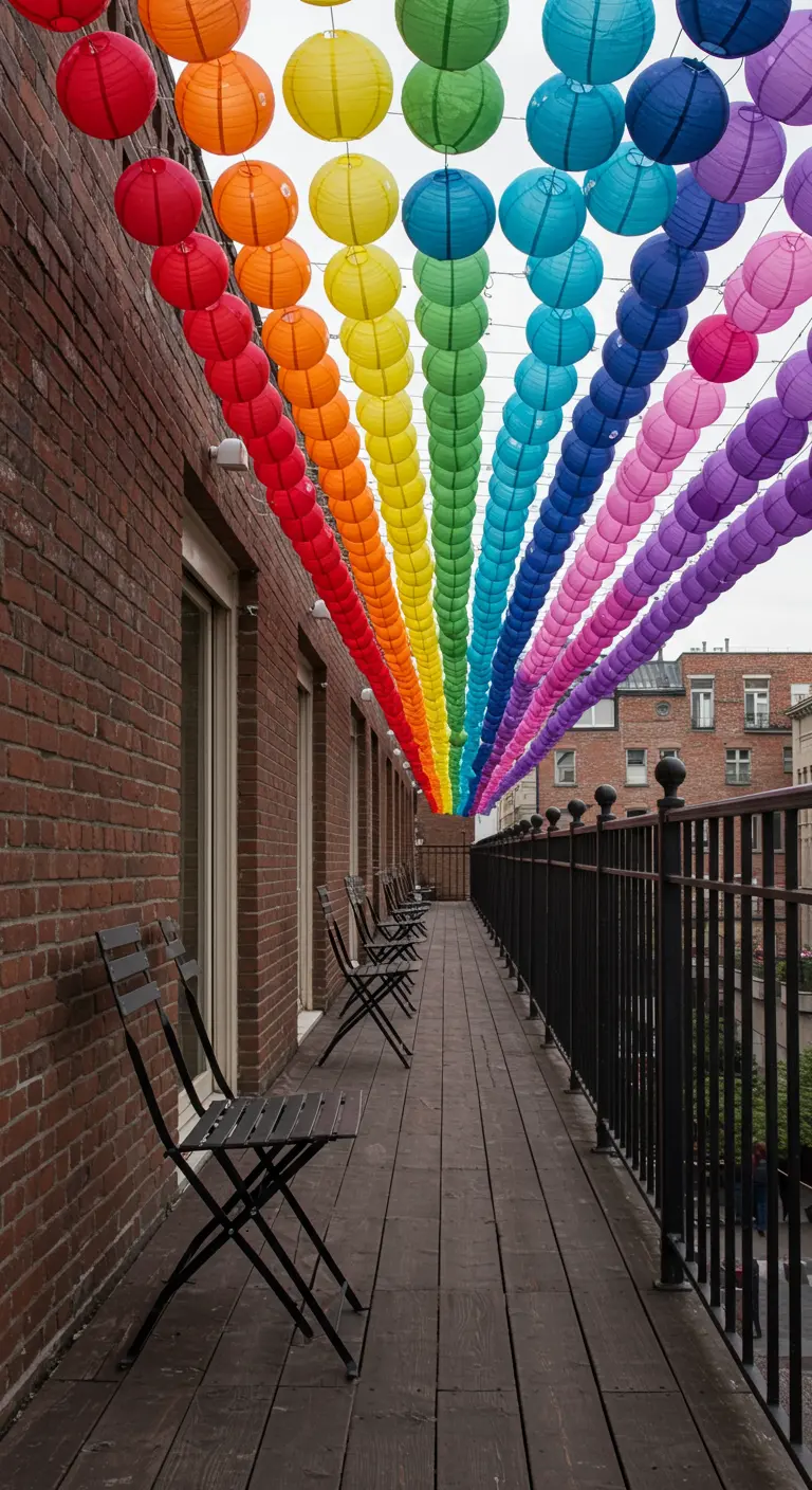 Balcón largo con un techo cubierto por cientos de lámparas de papel ordenadas por los colores del arcoíris