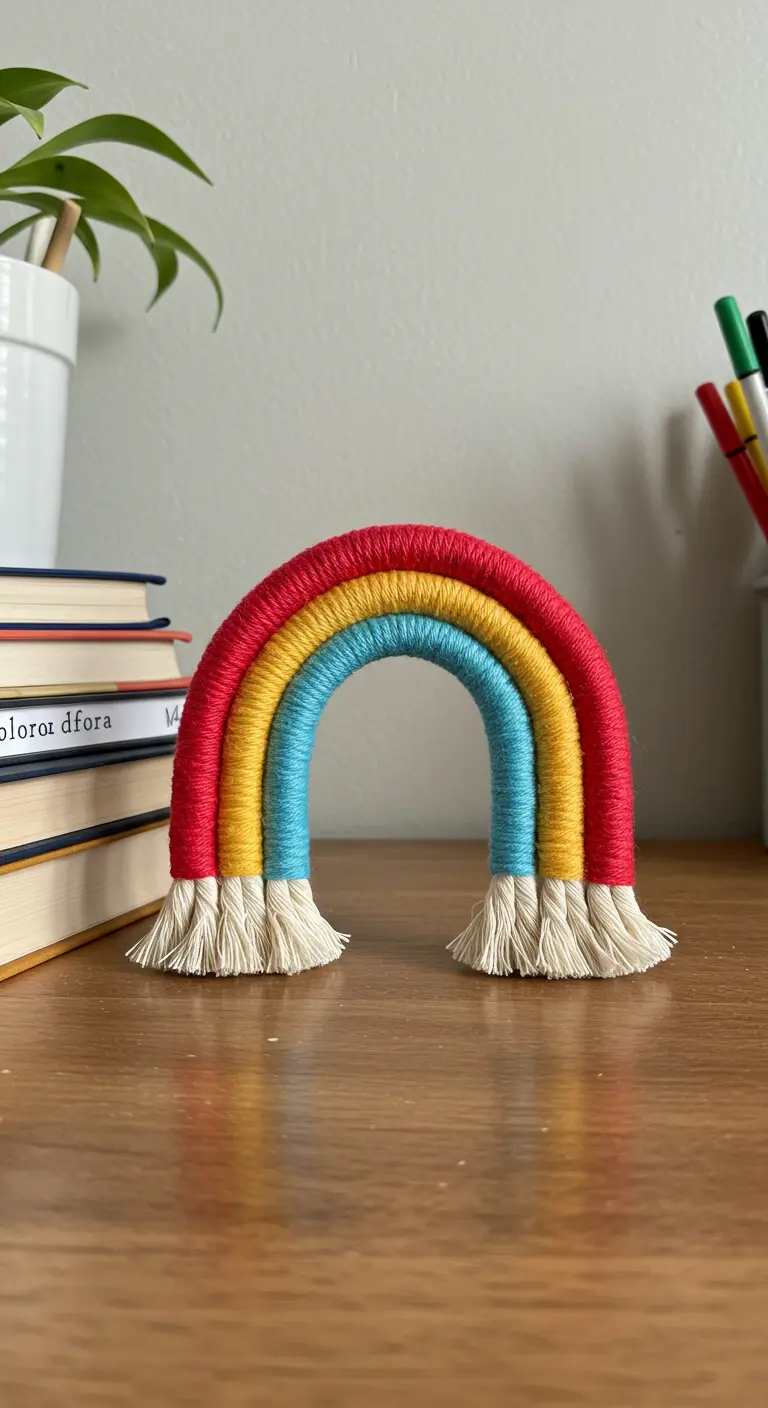 Arcoíris de macramé con hilos rojo, amarillo y azul, apoyado sobre un escritorio de madera.