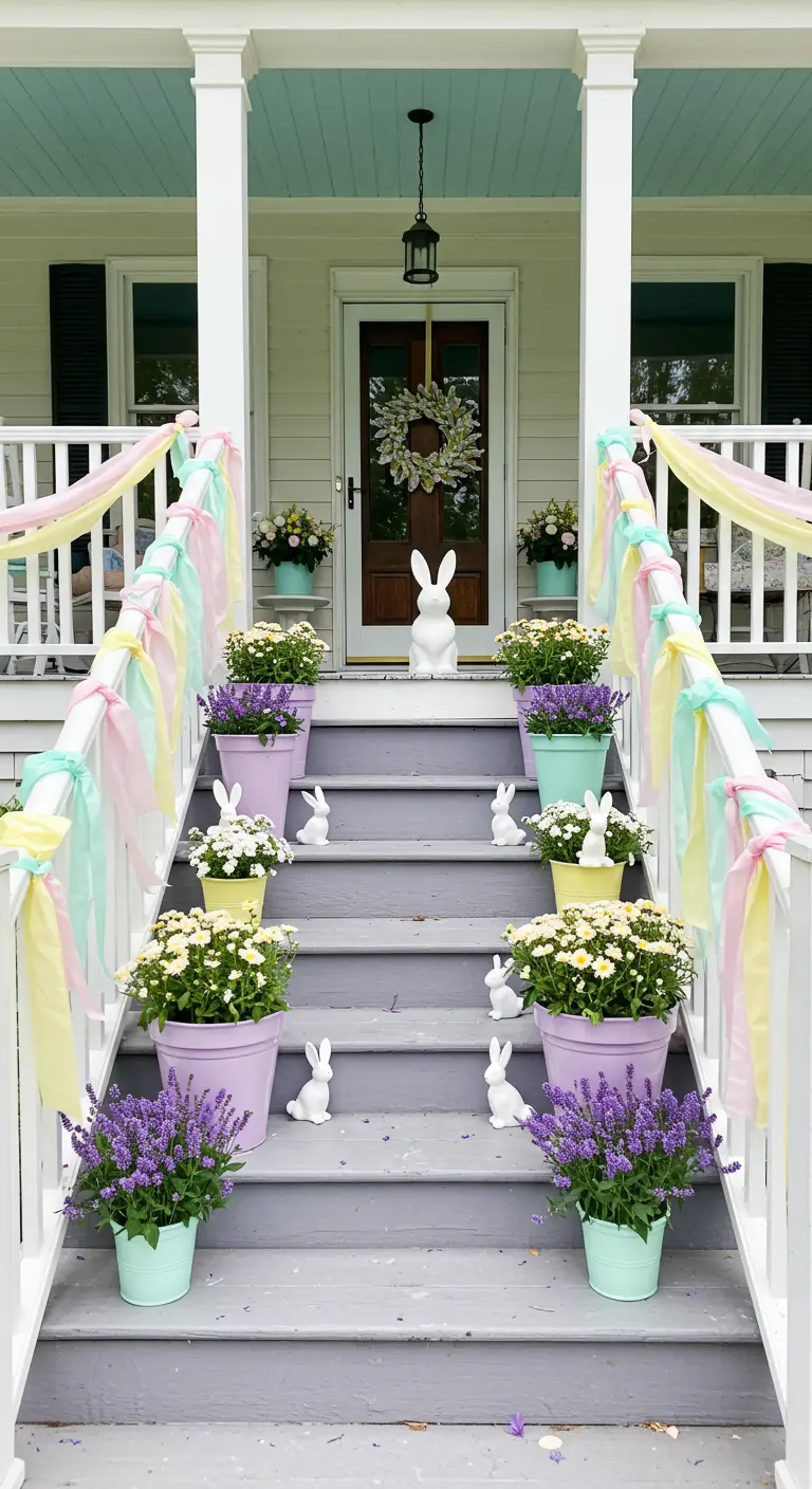 Escalera de porche decorada con lazos de colores pastel y macetas a juego