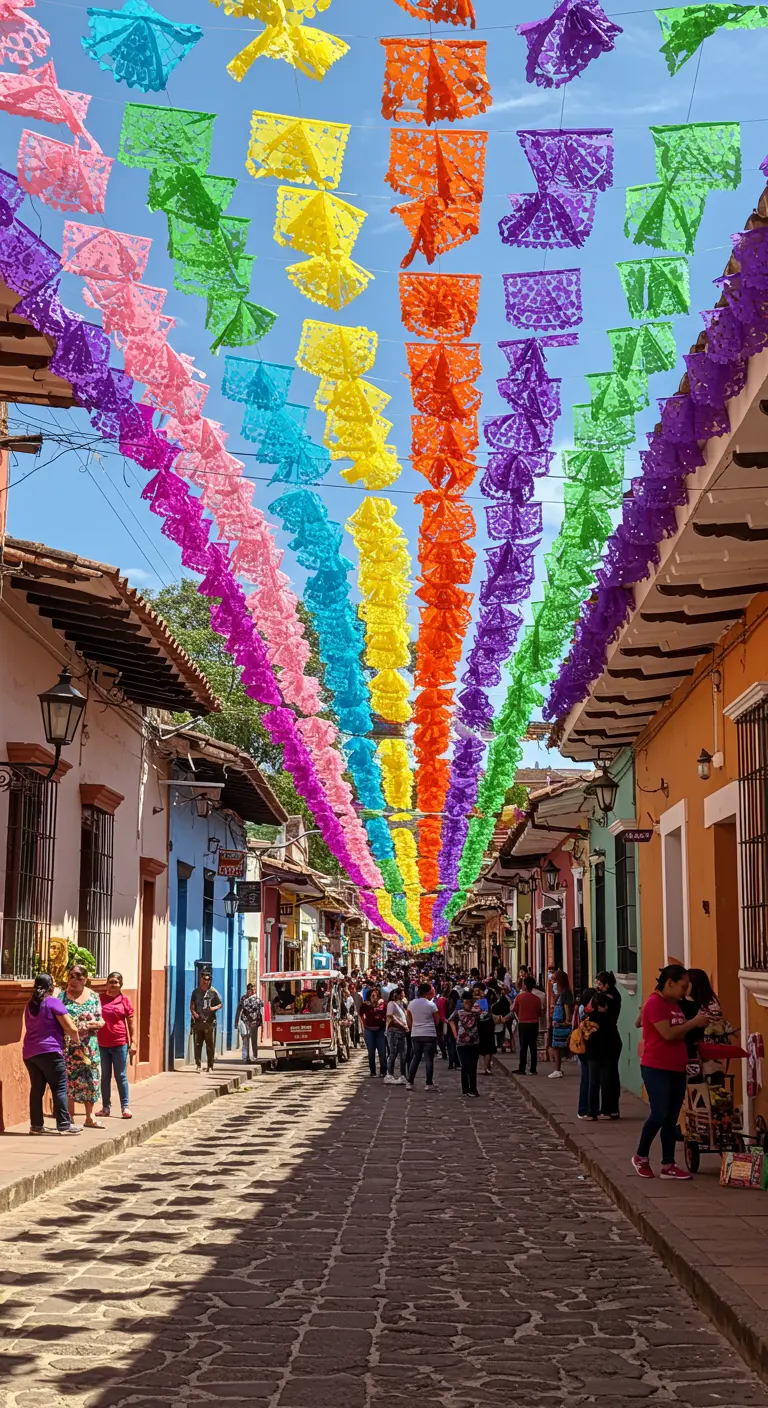 Calle colonial adornada con hileras de papel picado en los colores del arcoíris.