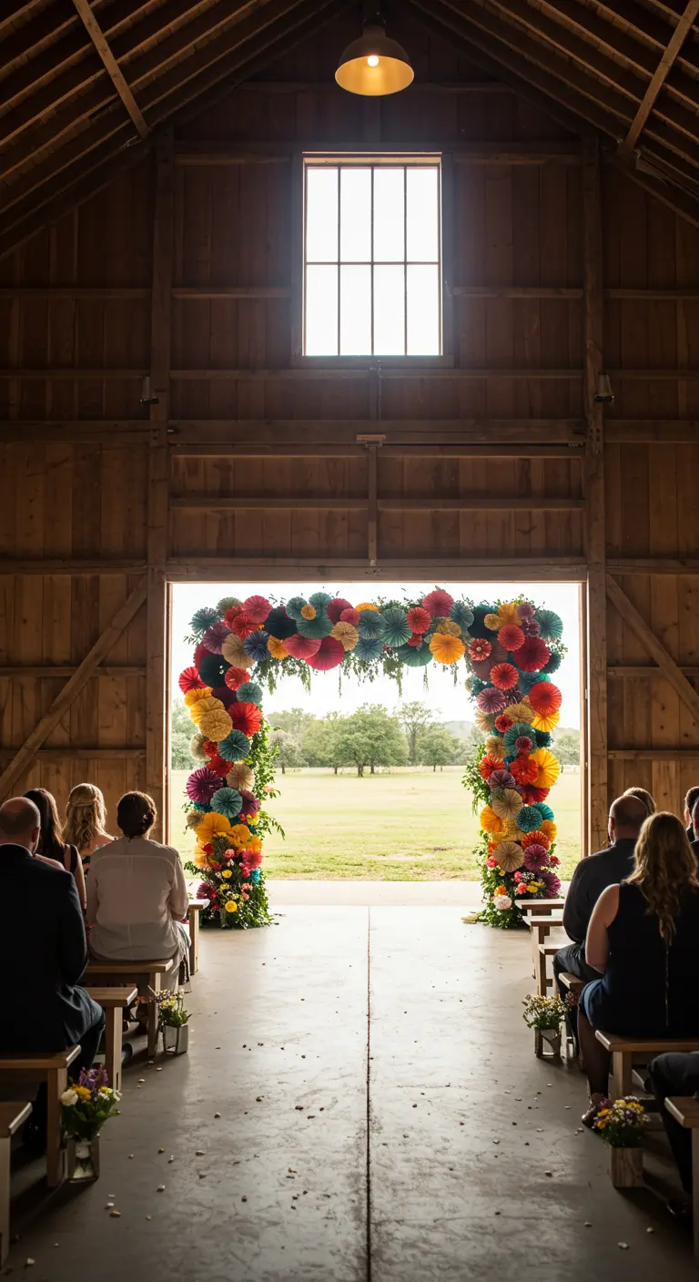 Arco de pompones de papel de colores vibrantes en la entrada de un granero para una boda.