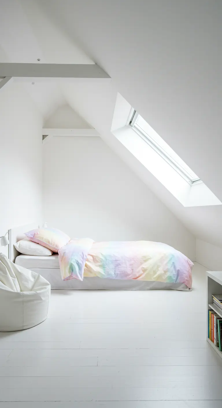 Habitación abuhardillada totalmente blanca con una cama vestida con ropa de cama de arcoíris pastel.