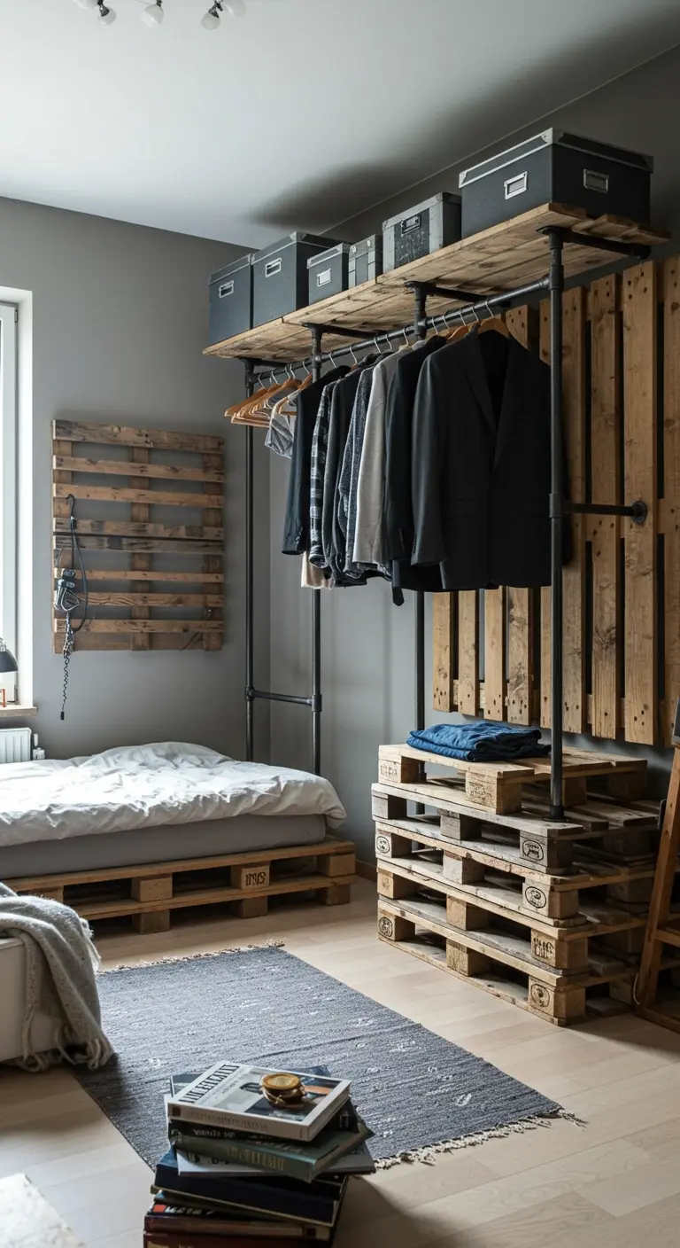 Sistema de armario abierto con base de palets y estructura de tuberías de metal negro.