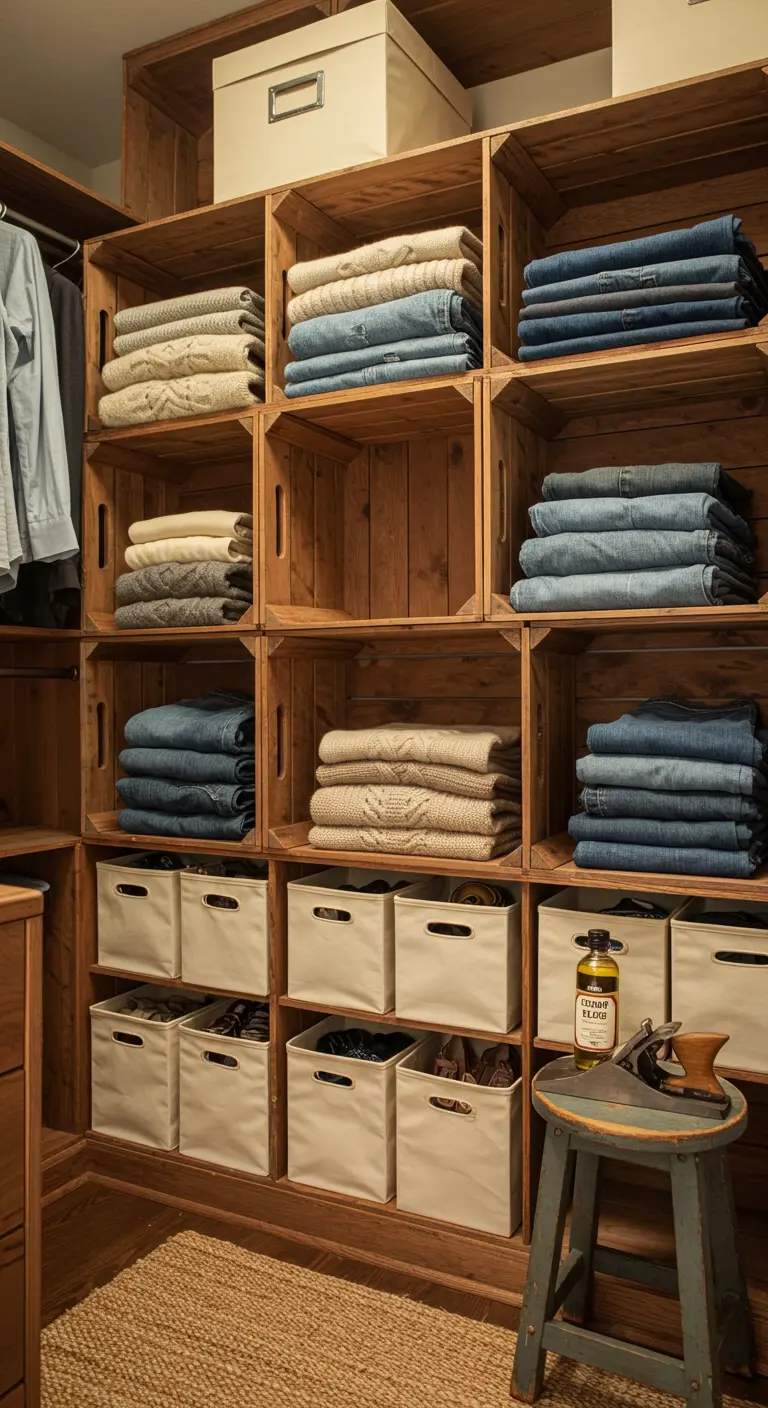 Interior de un armario con estanterías hechas de cajas de madera y llenas de ropa doblada.