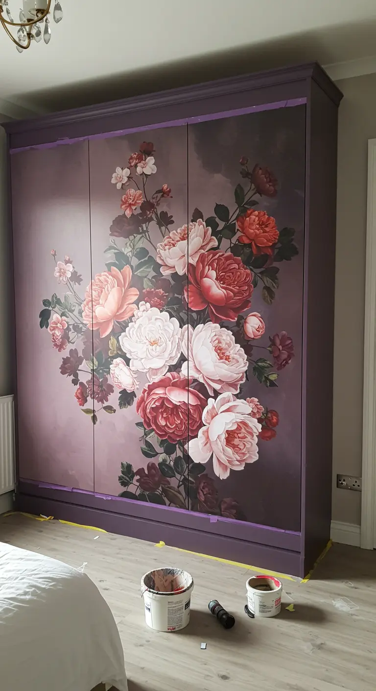Armario grande de cuatro puertas cubierto con un mural de papel tapiz de un gran ramo de flores sobre un fondo oscuro.