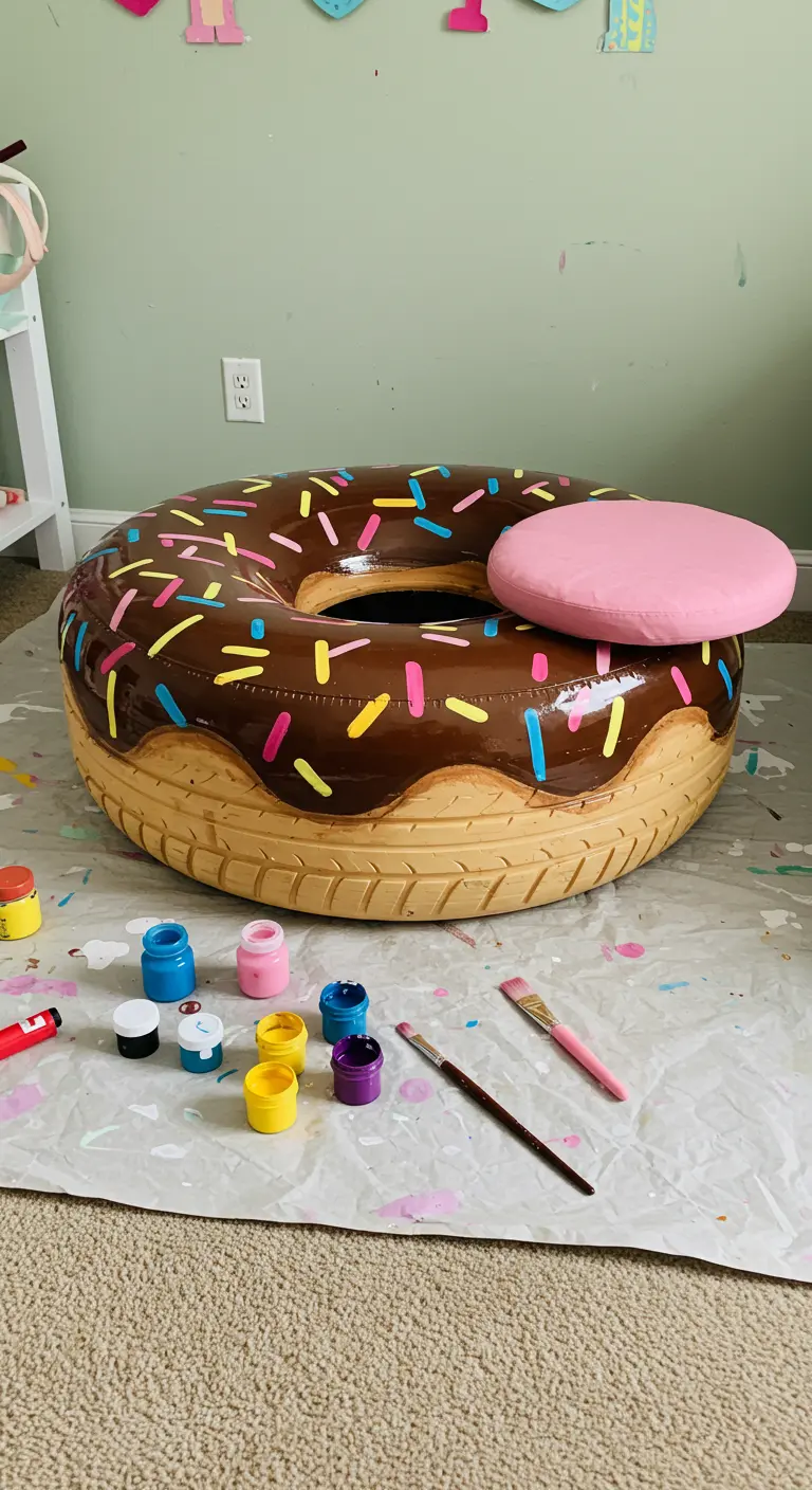 Un neumático pintado para parecer un donut de chocolate con virutas de colores, usado como asiento.