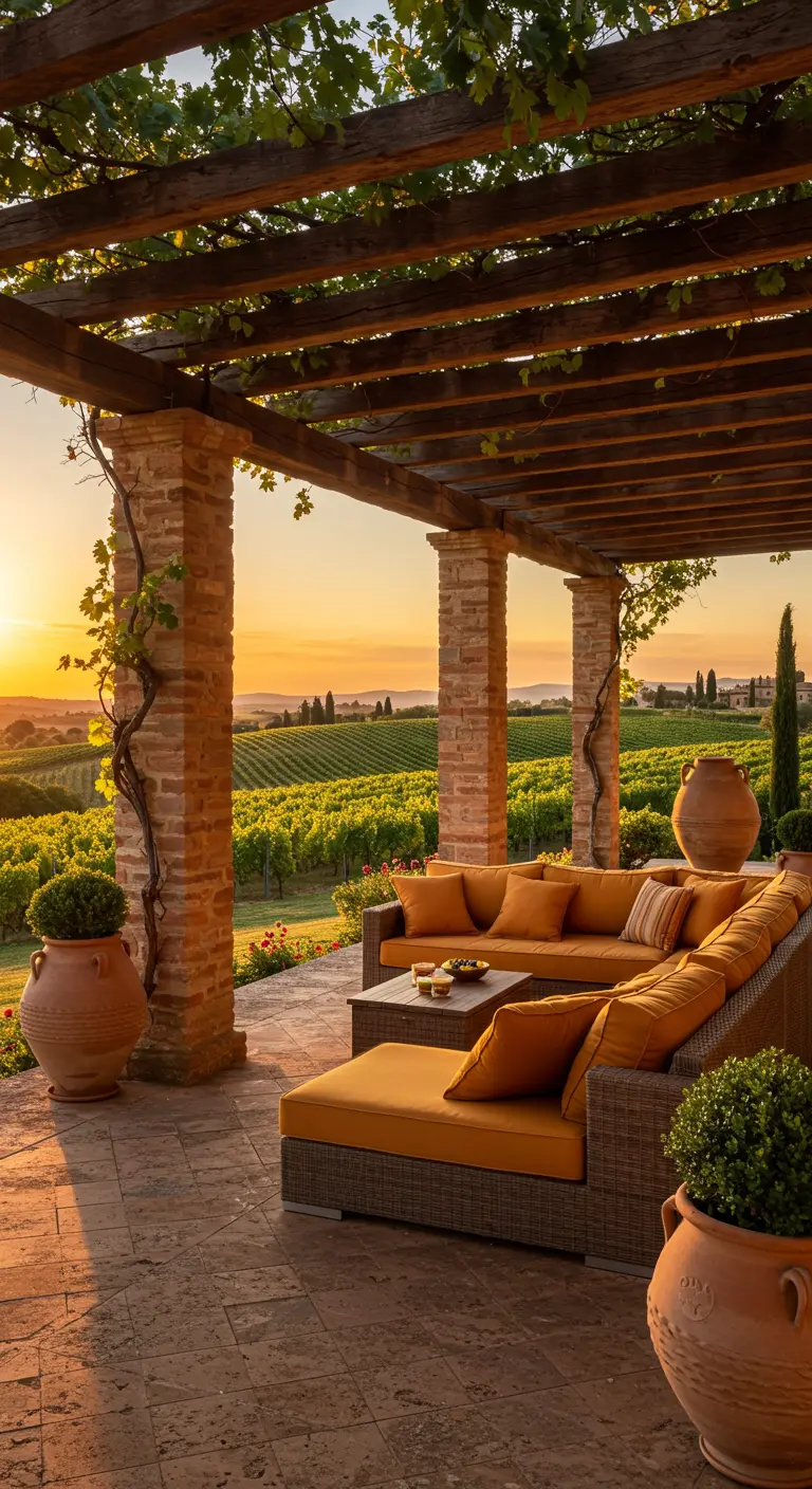 Terraza toscana con pérgola sobre pilares de ladrillo y vistas a viñedos.