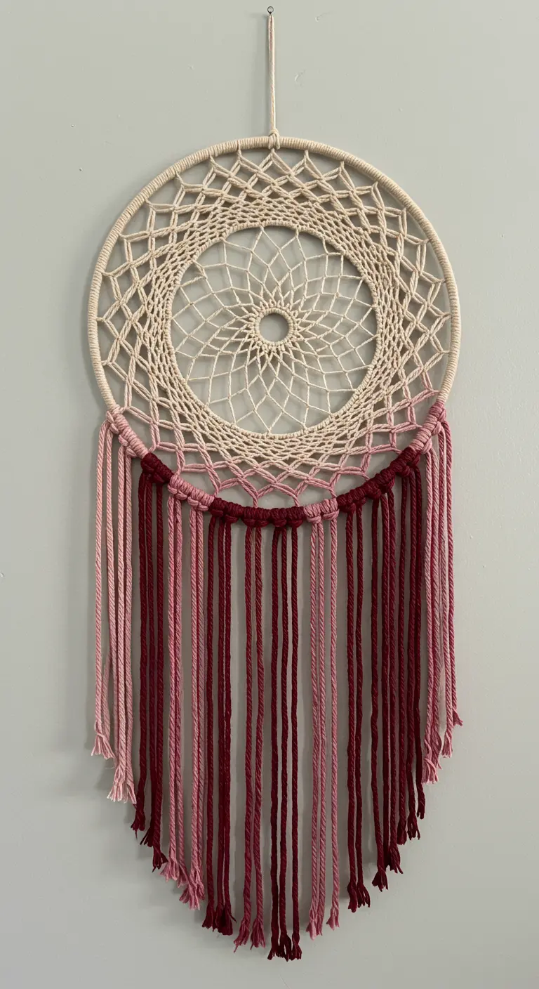 Atrapasueños grande con un degradado de rosa a burdeos en los flecos, colgado en una pared gris.