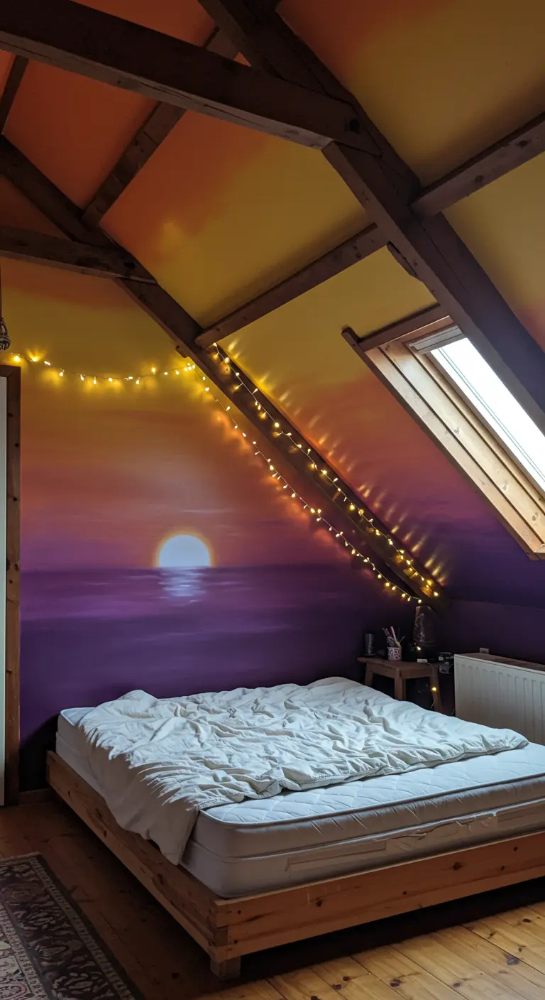 Habitación en un ático con un mural de atardecer pintado en la pared y el techo inclinado.