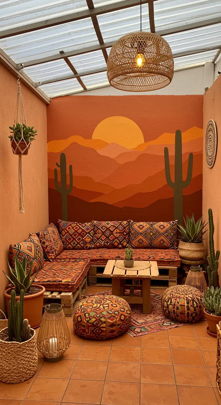 Patio cubierto de estilo desértico con mural de montañas en tonos tierra y un sofá de palets.