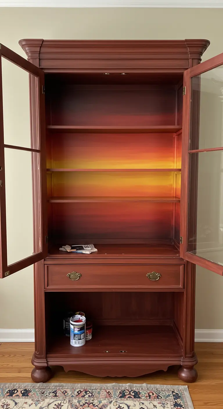 Interior de una vitrina de madera pintado con un degradado de rojo, naranja y amarillo.