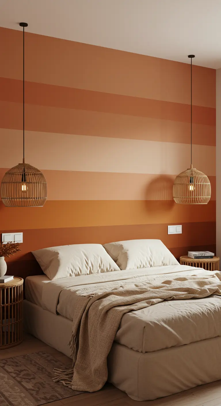 Pared de acento con rayas horizontales en un degradado de tonos terracota y anaranjados.