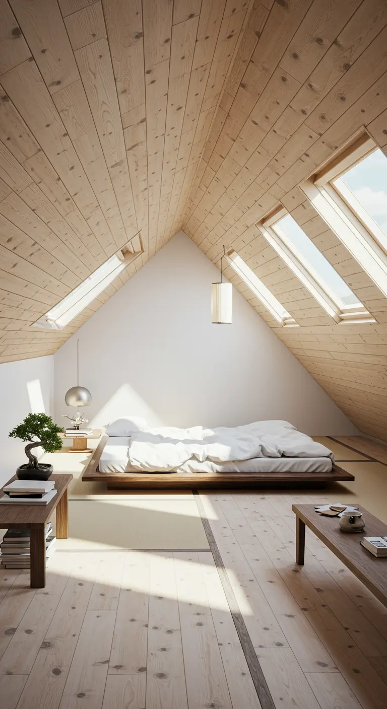 Dormitorio en un ático con paredes y techo de madera clara y una cama baja de estilo japonés.