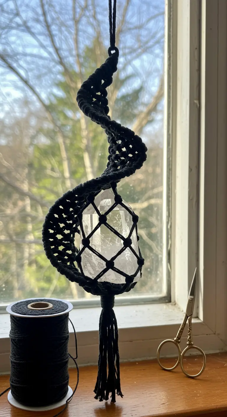 Soporte de macramé negro en espiral que envuelve un gran cristal de cuarzo