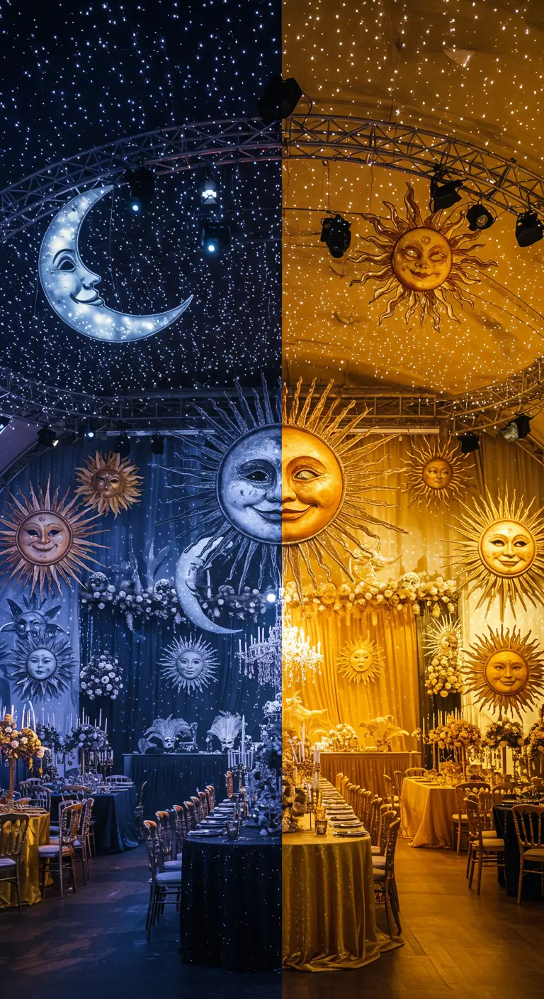 Salón de fiestas dividido en dos temáticas: una de sol dorado y otra de luna azul y plateada.