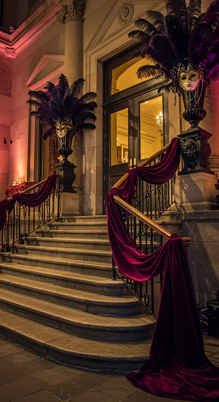 Escalera de entrada decorada con terciopelo morado y urnas con máscaras y plumas de Mardi Gras.