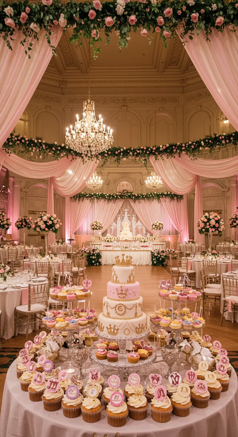 Lujosa fiesta de princesa en un gran salón de baile con un pastel y cupcakes rosas.