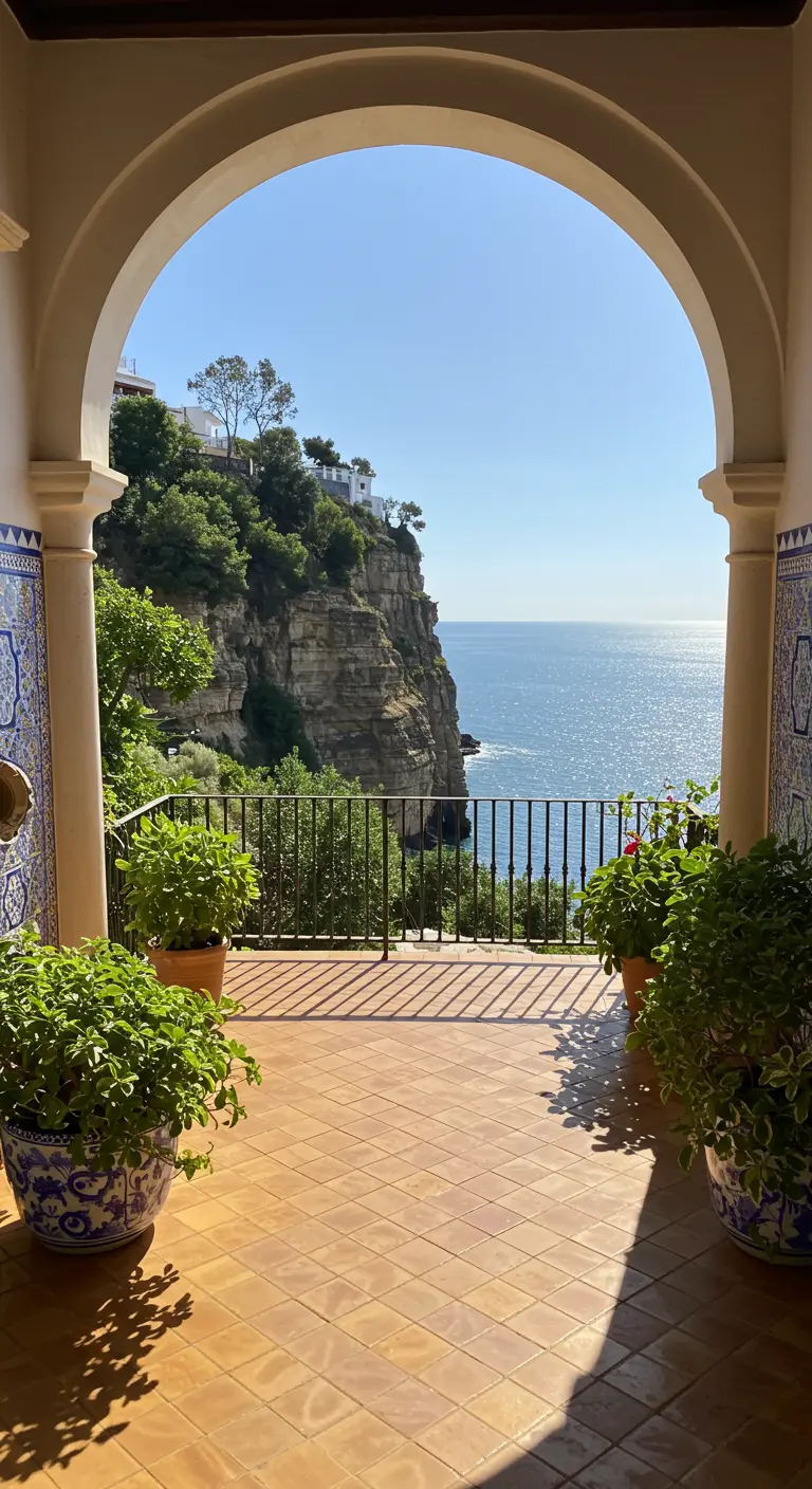 Balcón con suelo de terracota y vistas a un acantilado y al mar, enmarcado por plantas