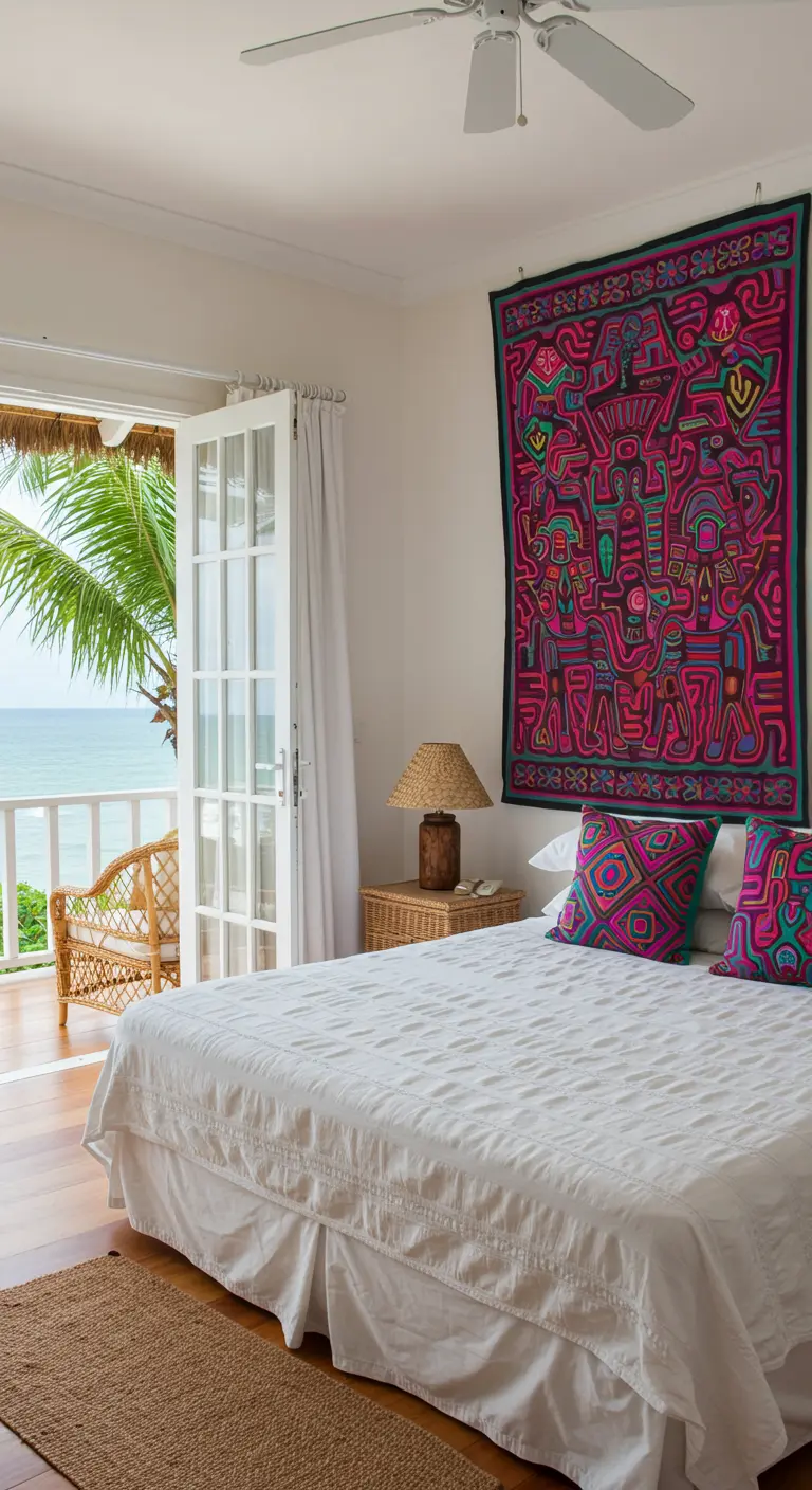 Dormitorio luminoso con un gran tapiz Mola colorido y acceso a un balcón con vistas al mar.