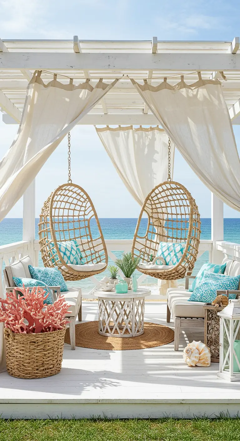 Porche blanco frente al mar con sillas colgantes de mimbre, cortinas blancas y cojines turquesa.