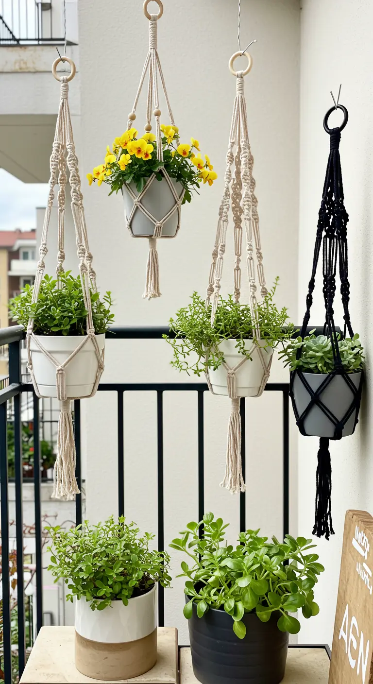 Varios colgadores de macramé en un balcón, con macetas blancas, grises y negras y plantas variadas.