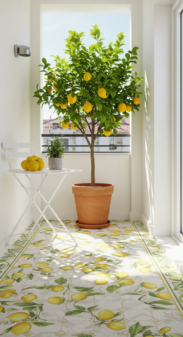 Balcón luminoso con un suelo de baldosas decoradas con limones y un limonero en una gran maceta.