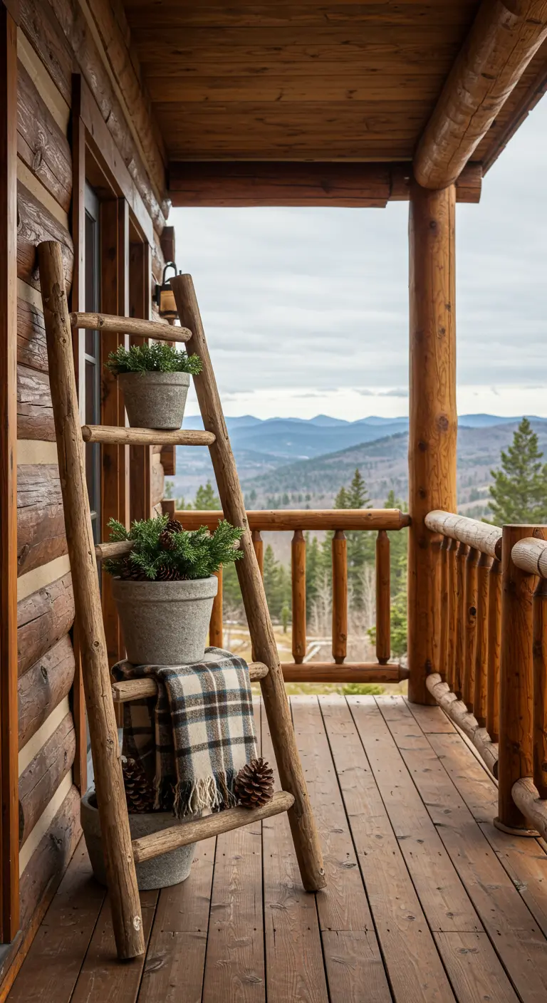 Escalera rústica de madera en el balcón de una cabaña con vistas a las montañas, con una manta y macetas.