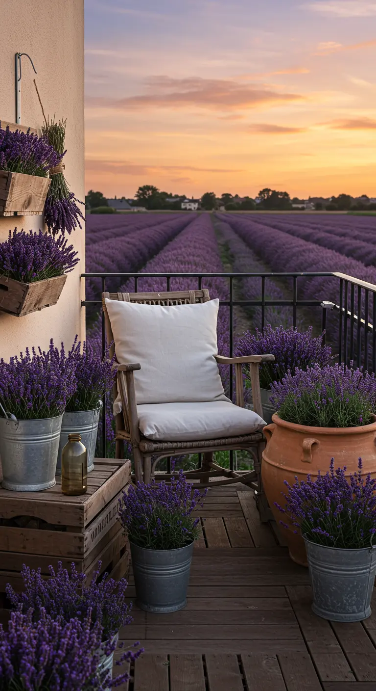 Balcón lleno de macetas con lavanda, con vistas a un campo de lavanda al atardecer.
