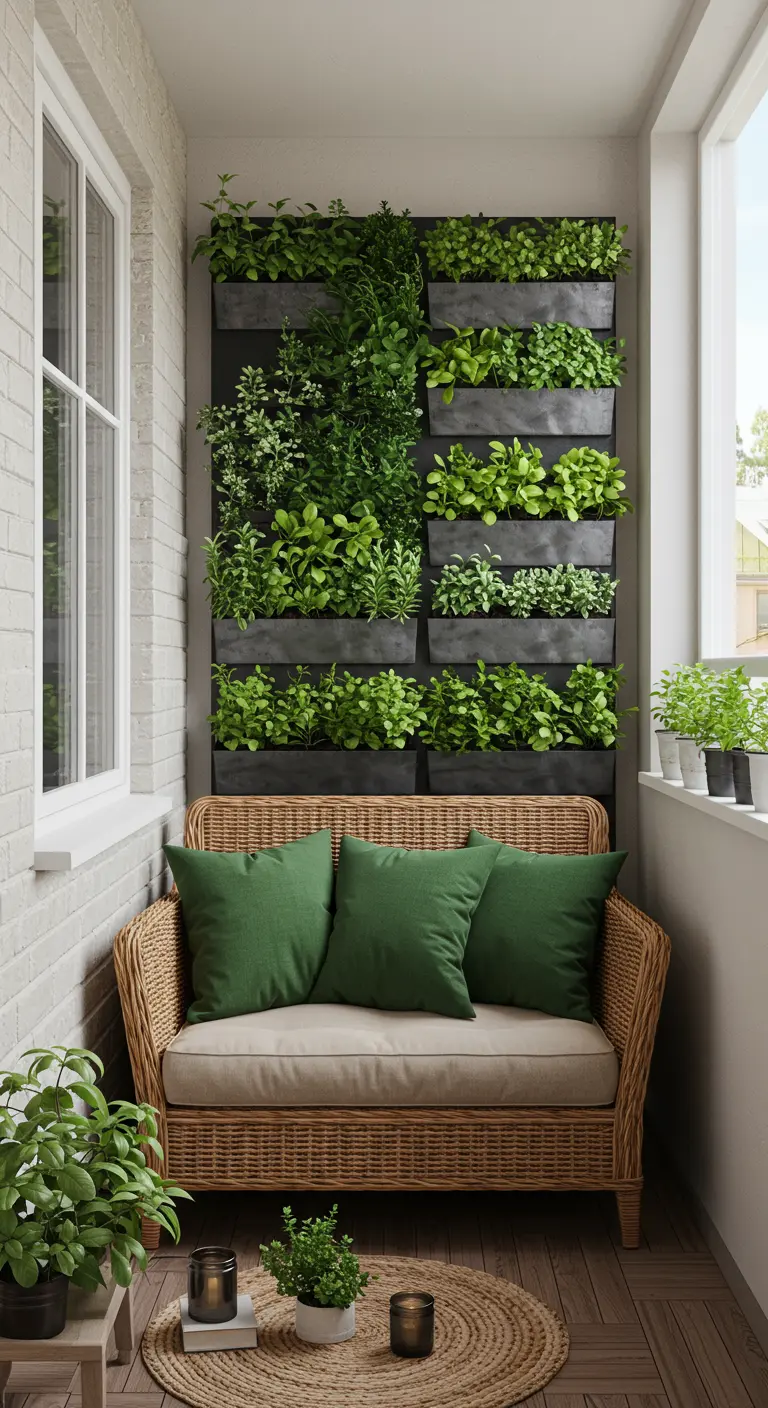 Balcón pequeño con un sofá de mimbre, cojines verdes y un gran jardín vertical en la pared.