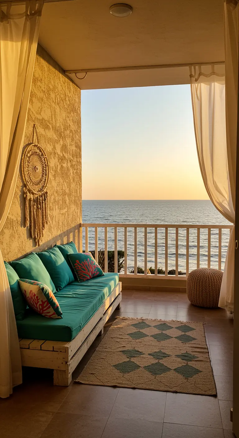 Balcón con vistas al mar, sofá de palets turquesa, alfombra de yute y un atrapasueños en la pared