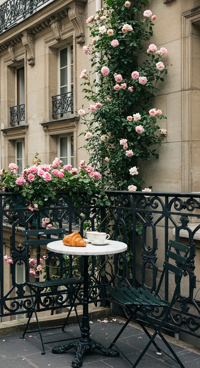 Balcón parisino con barandilla de hierro forjado, rosales trepadores y una mesa de bistró.