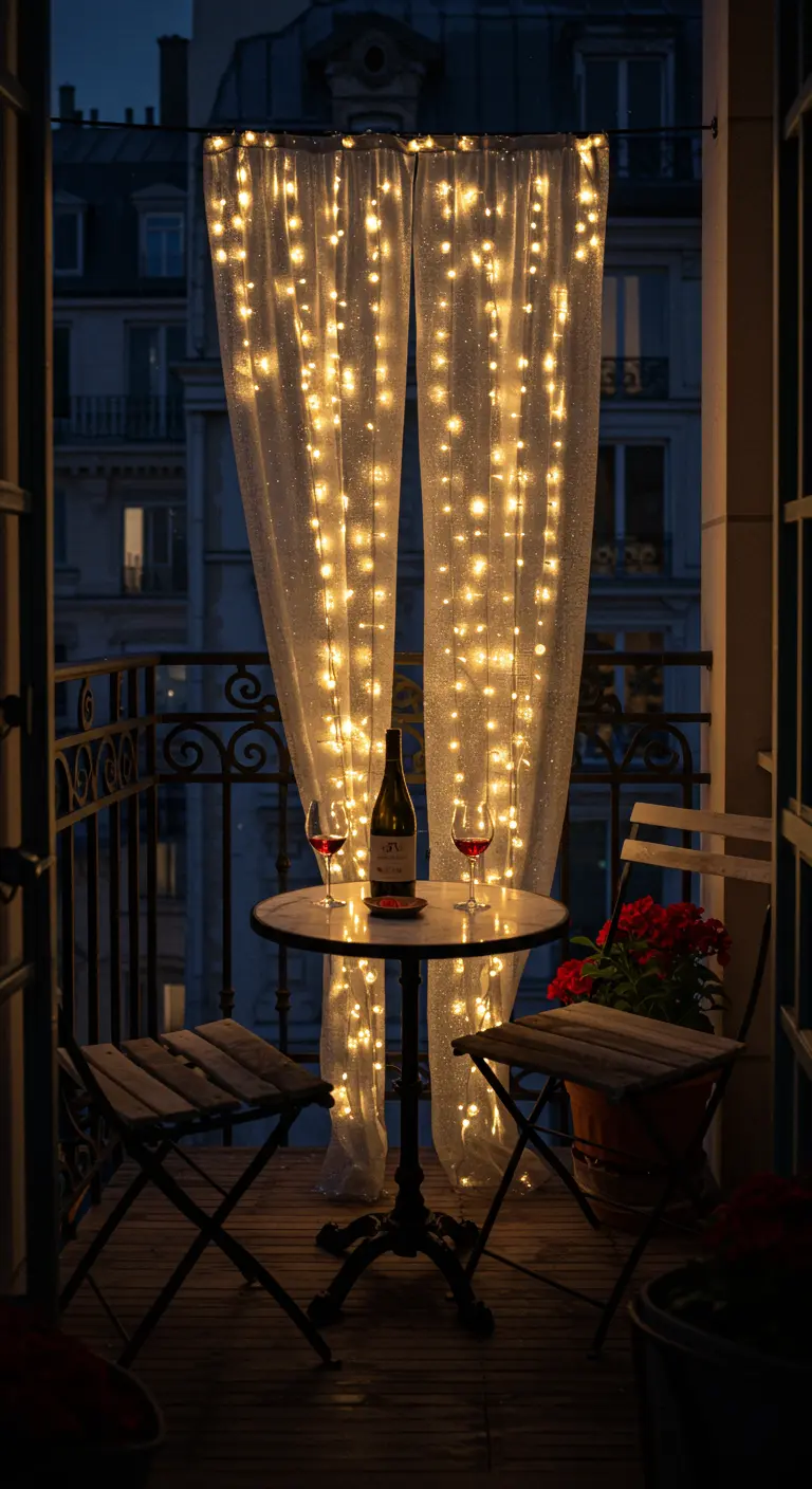 Balcón parisino de noche con una mesa para dos y una cortina de luces brillantes tras una tela traslúcida.