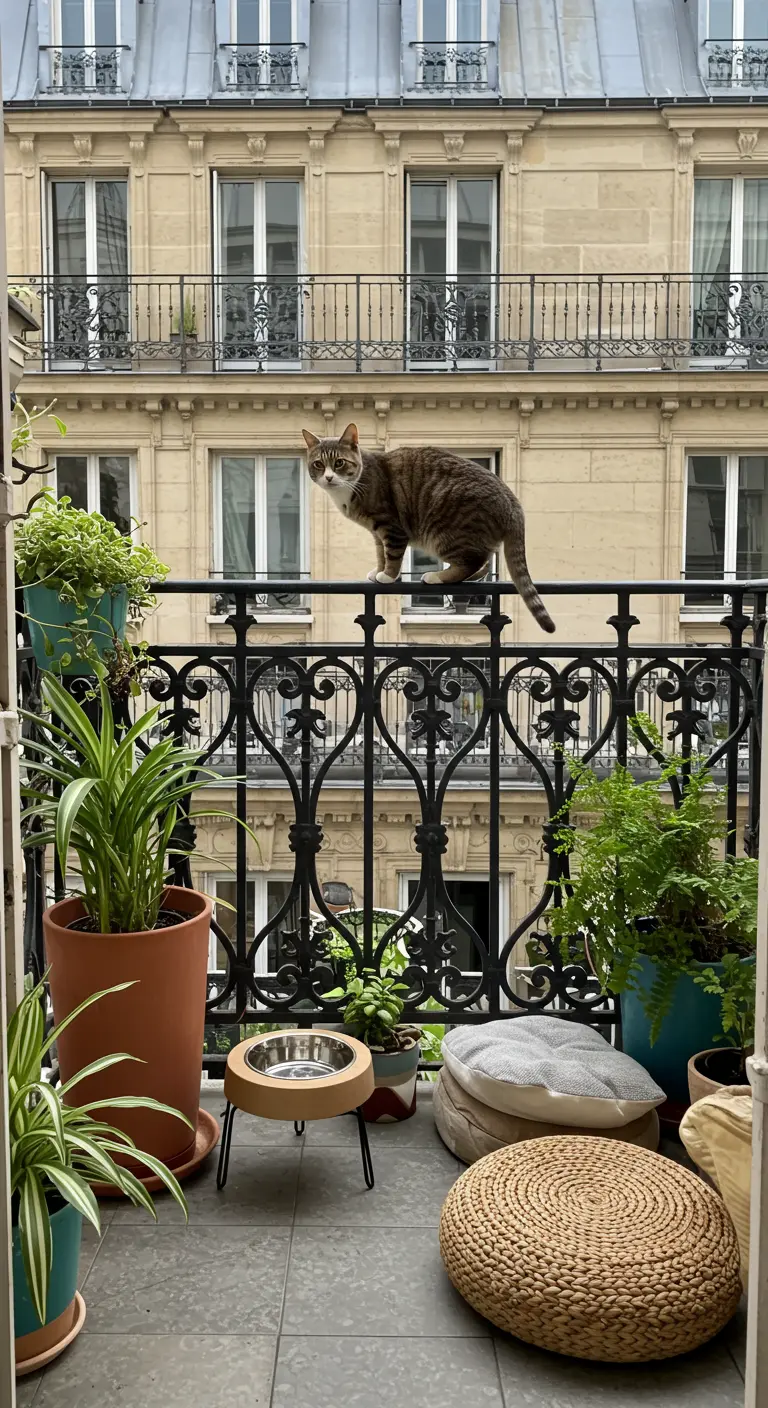 Un gato atigrado paseando por la barandilla de un balcón lleno de plantas y cojines de suelo
