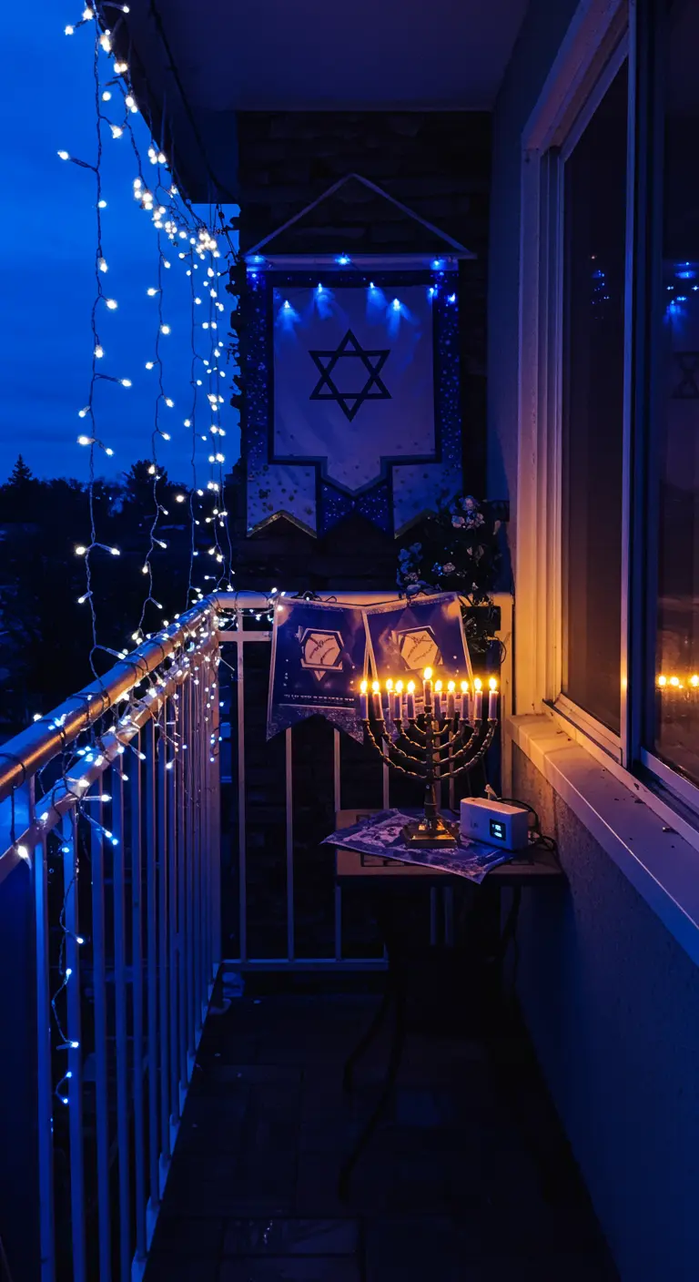 Balcón decorado para Hanukkah con una menorá encendida, luces azules y banderines.
