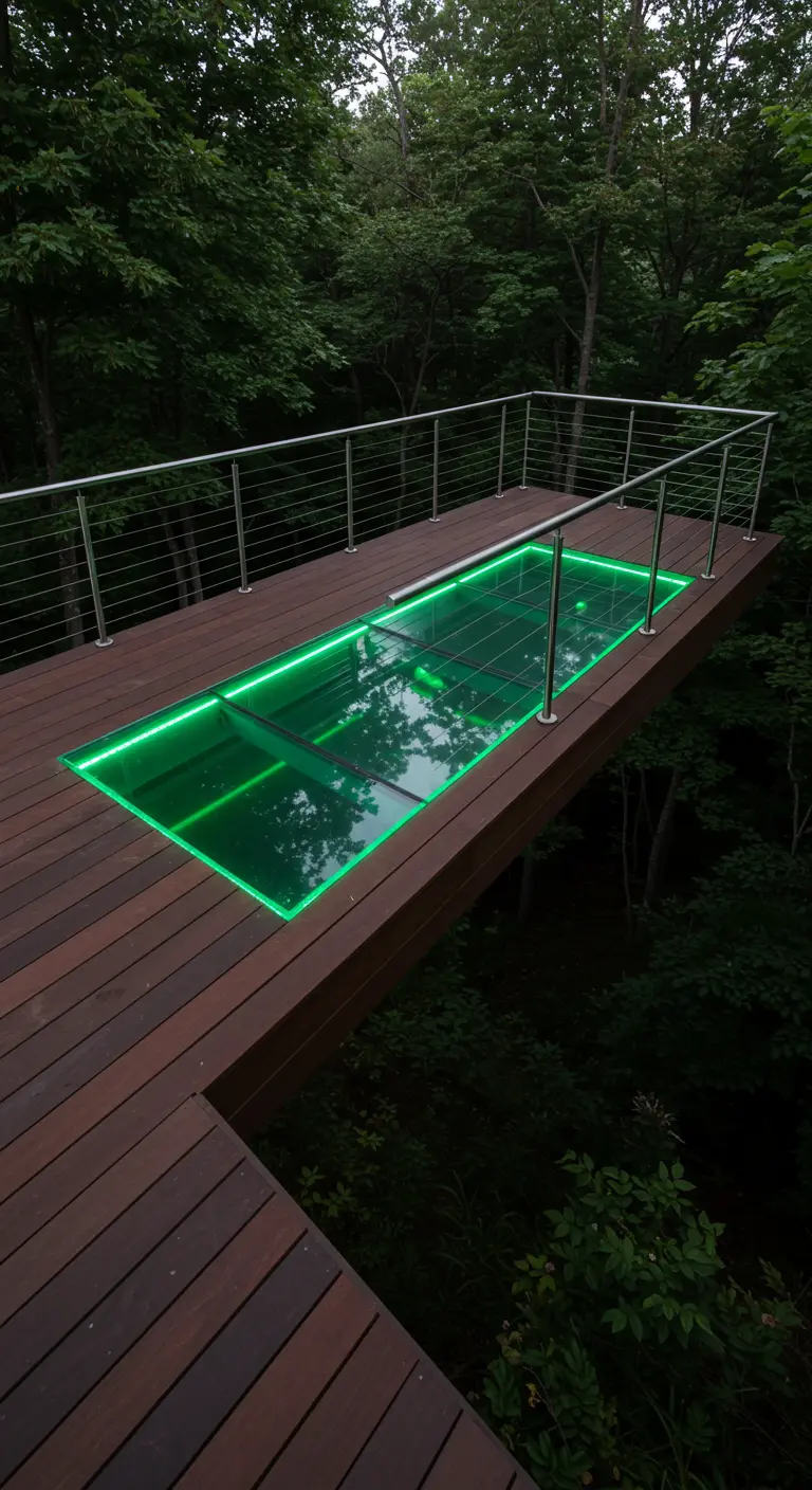 Balcón de madera con un suelo de cristal iluminado con LED verde, suspendido sobre un bosque.