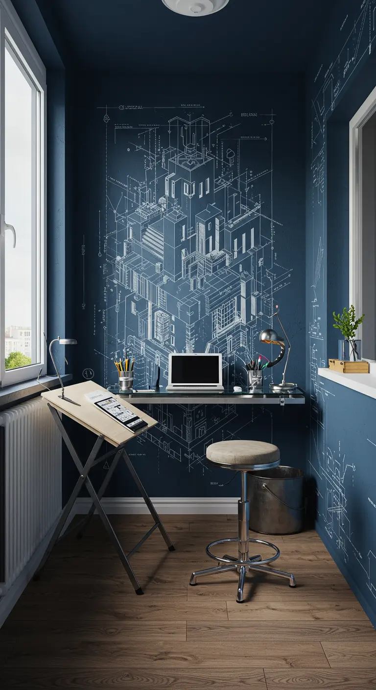Balcón convertido en estudio con un mural de un plano arquitectónico en la pared azul.