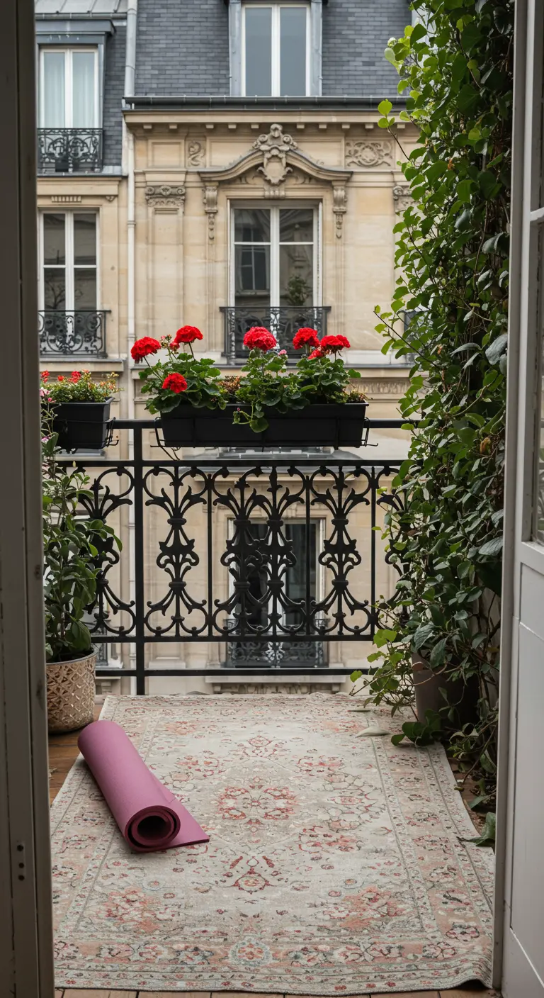 Balcón parisino clásico con barandilla de hierro forjado, geranios rojos y hiedra.