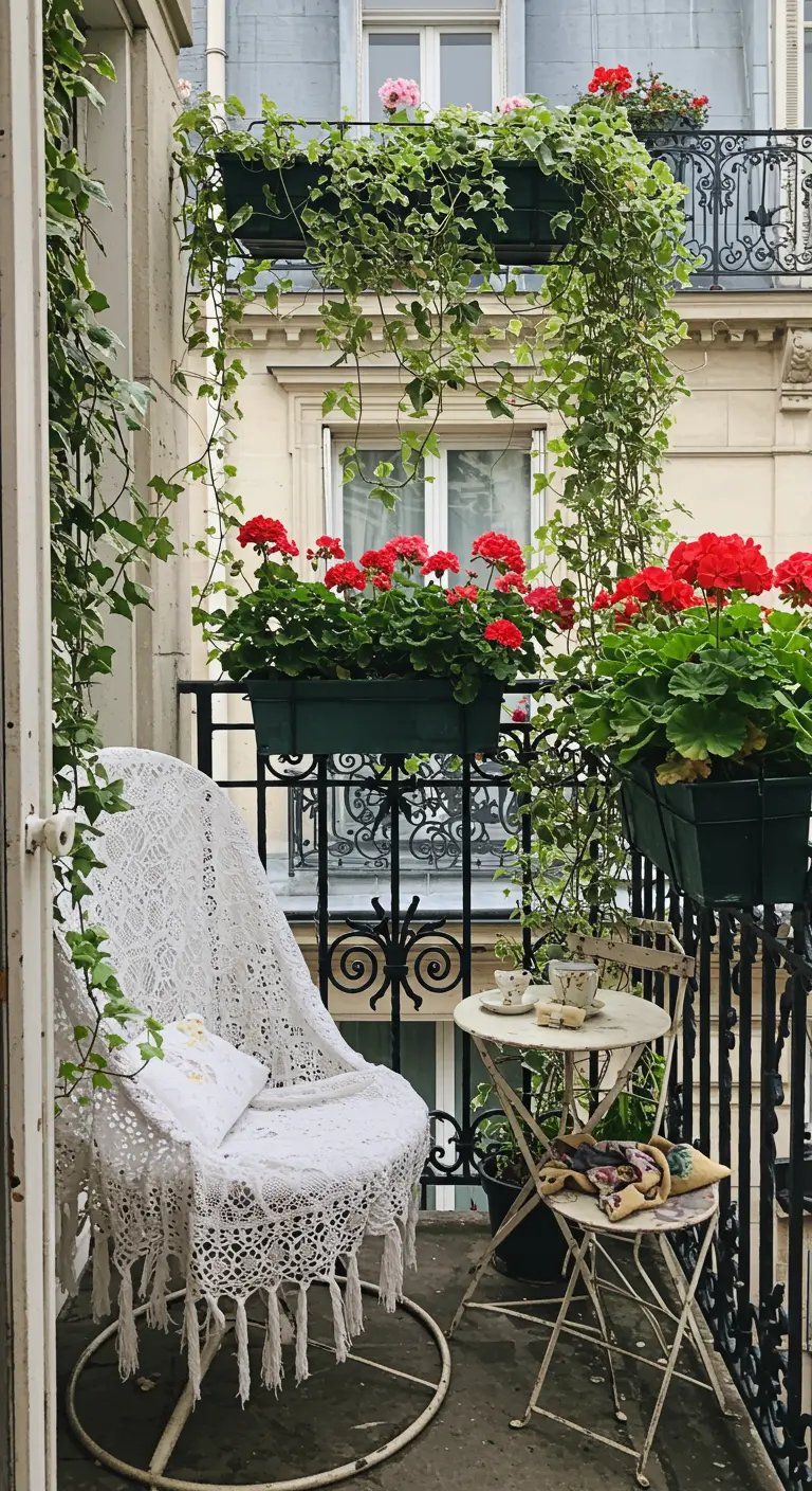 Balcón romántico de estilo parisino con silla colgante vestida de crochet y geranios rojos