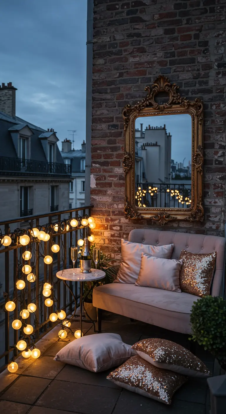 Balcón romántico con espejo dorado rococó, sofá de terciopelo y guirnaldas de luces cálidas.