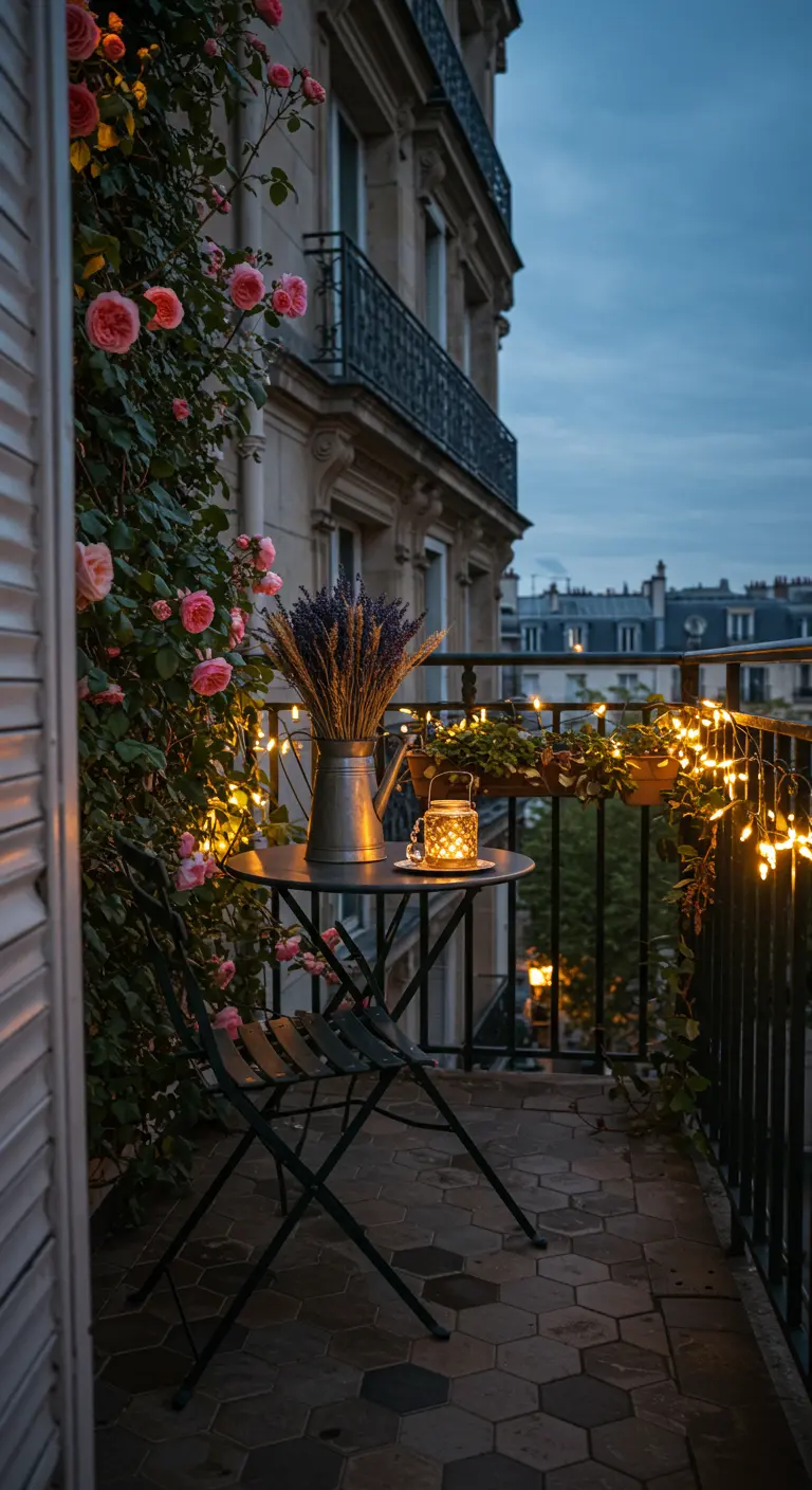 Balcón romántico al atardecer con rosas, lavanda seca y guirnaldas de luces.