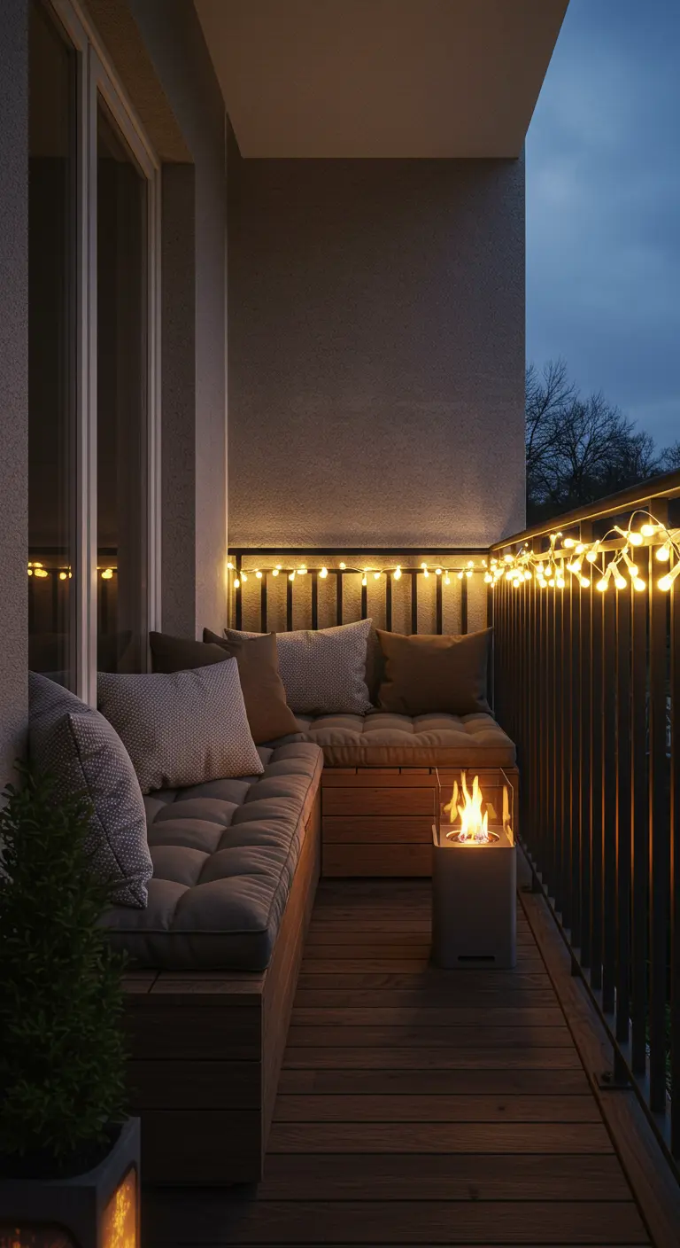 Balcón pequeño y acogedor con un banco de madera en L, cojines y una guirnalda de luces
